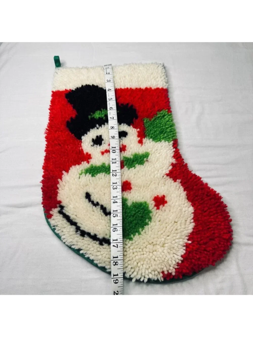 Vintage Latch Hook Snowman Christmas Stocking Handmade Red Green White